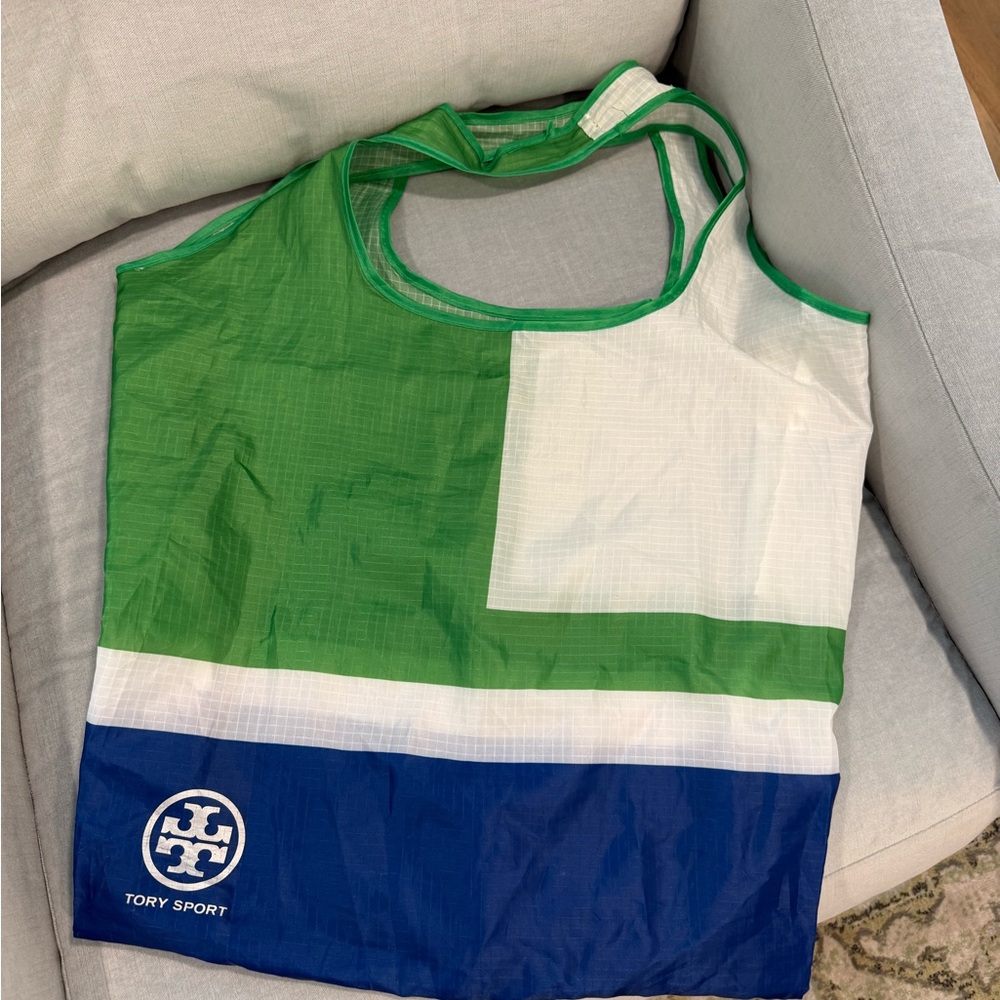 Tory Sport Colorblock Tote in Green, White, and Blue